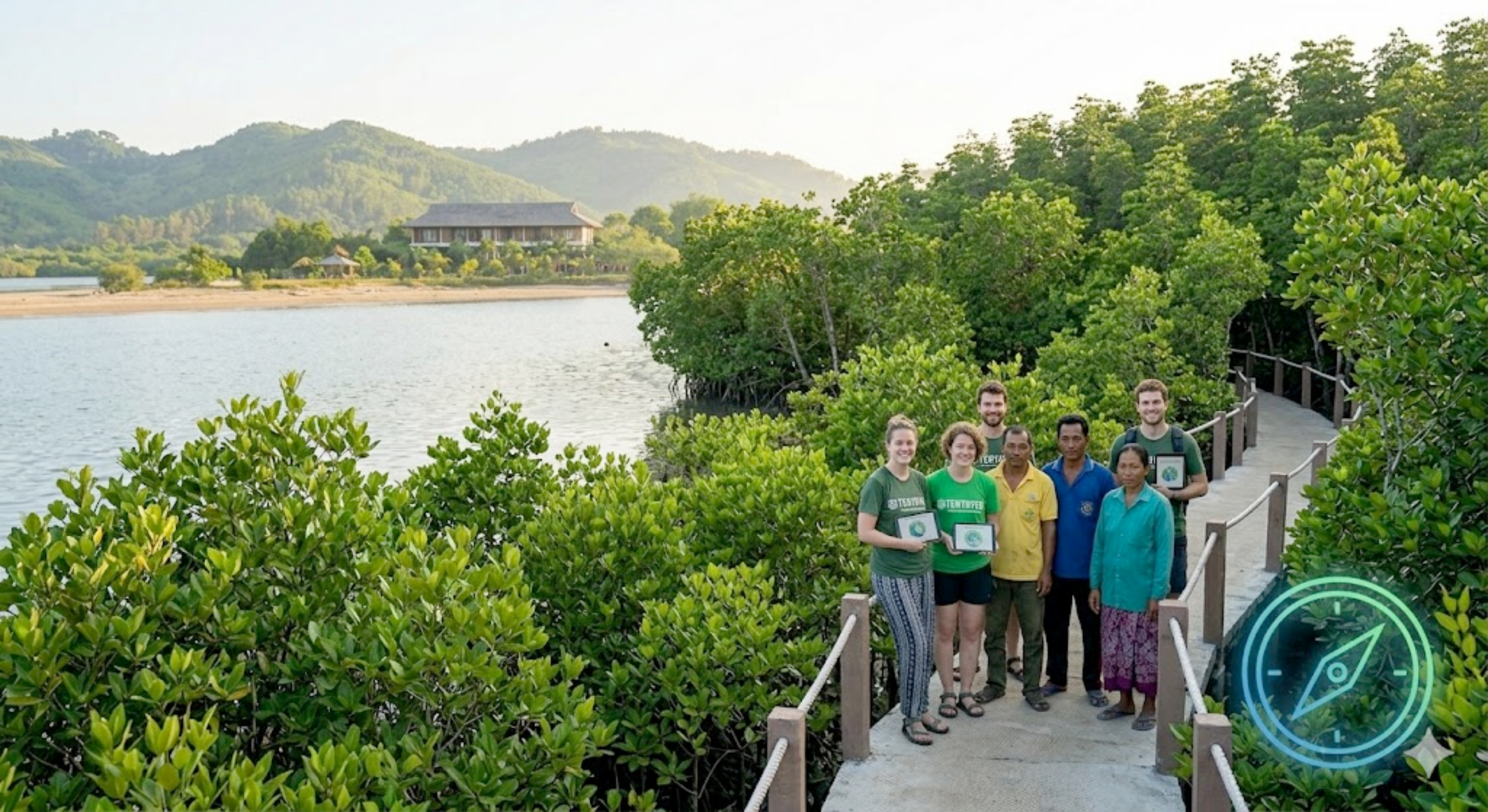 Butterhead participants and local community members standing together in a restored green environment